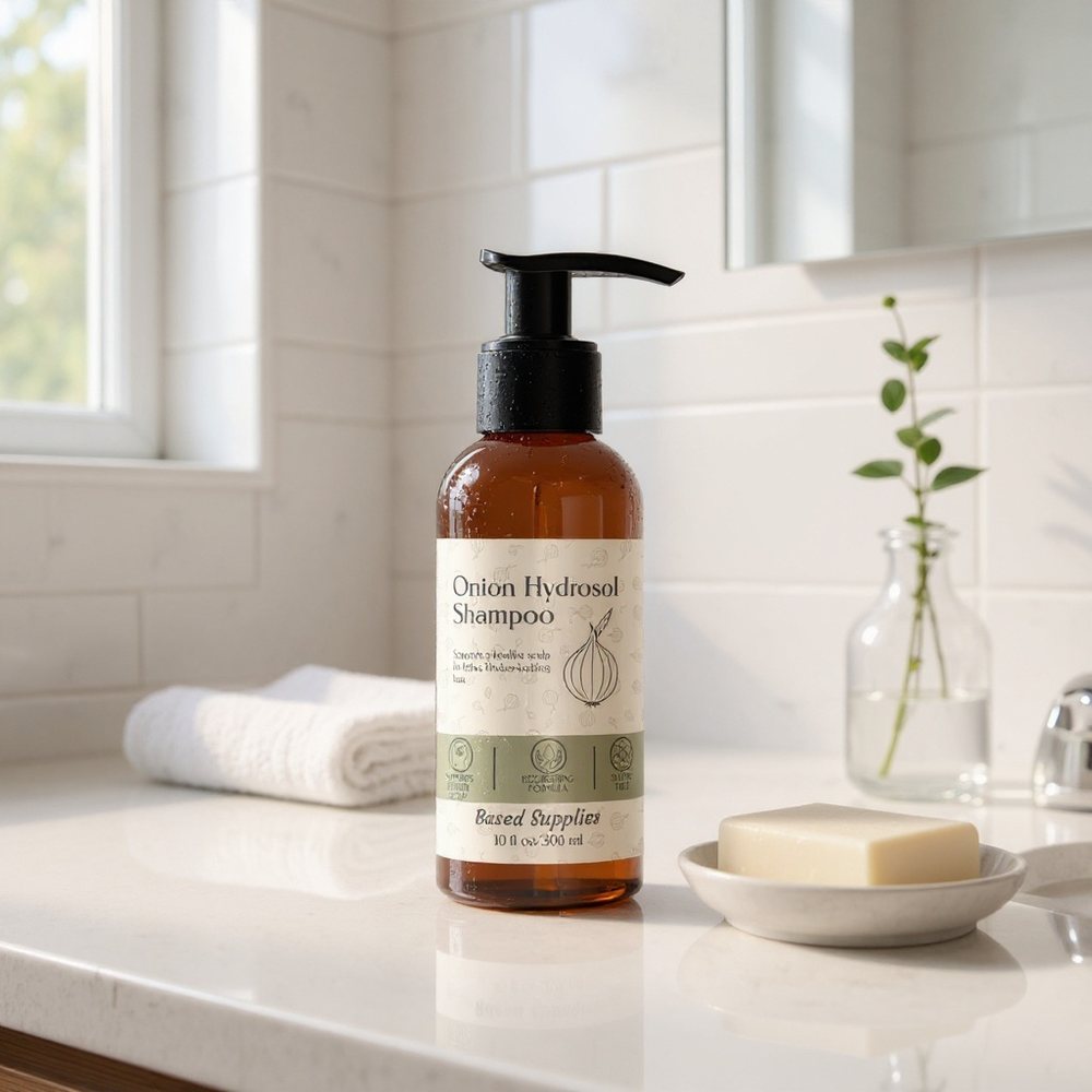 Onion Hydrosol Shampoo on a bathroom counter