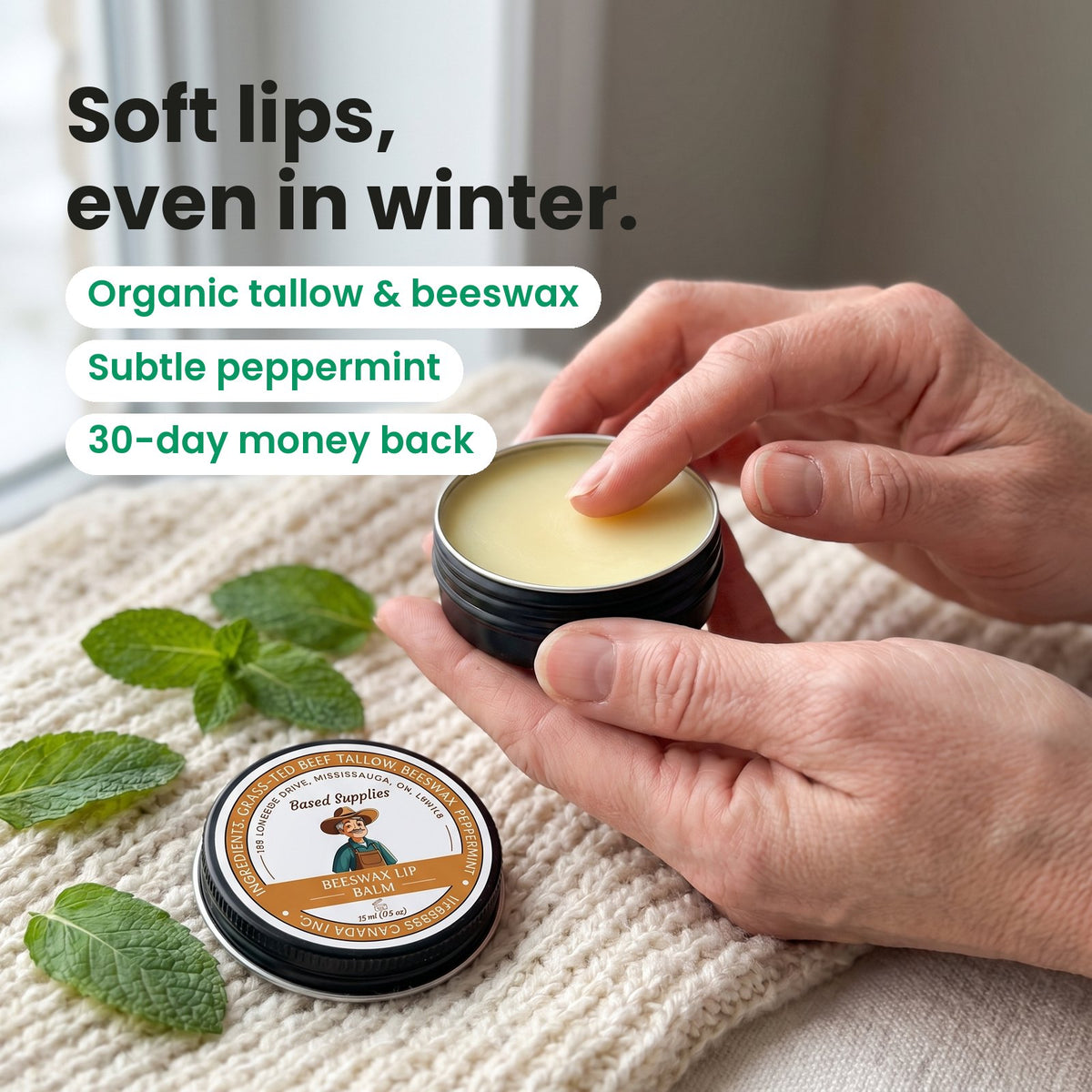 Hands holding an open tin of Peppermint Beeswax Lip Balm