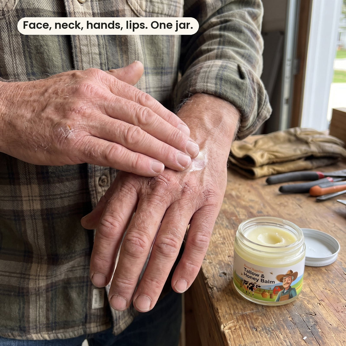 A man rubbing the balm into his dry hands, the jar on a workbench