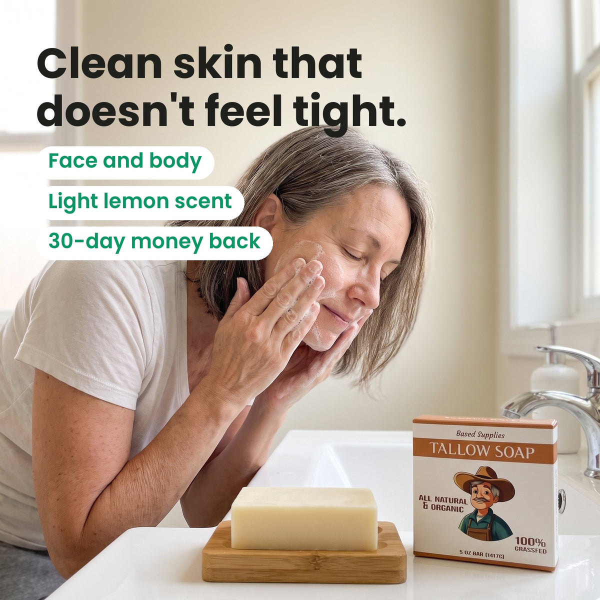 A woman washing her face with Tallow Soap, the bar and its box on the counter