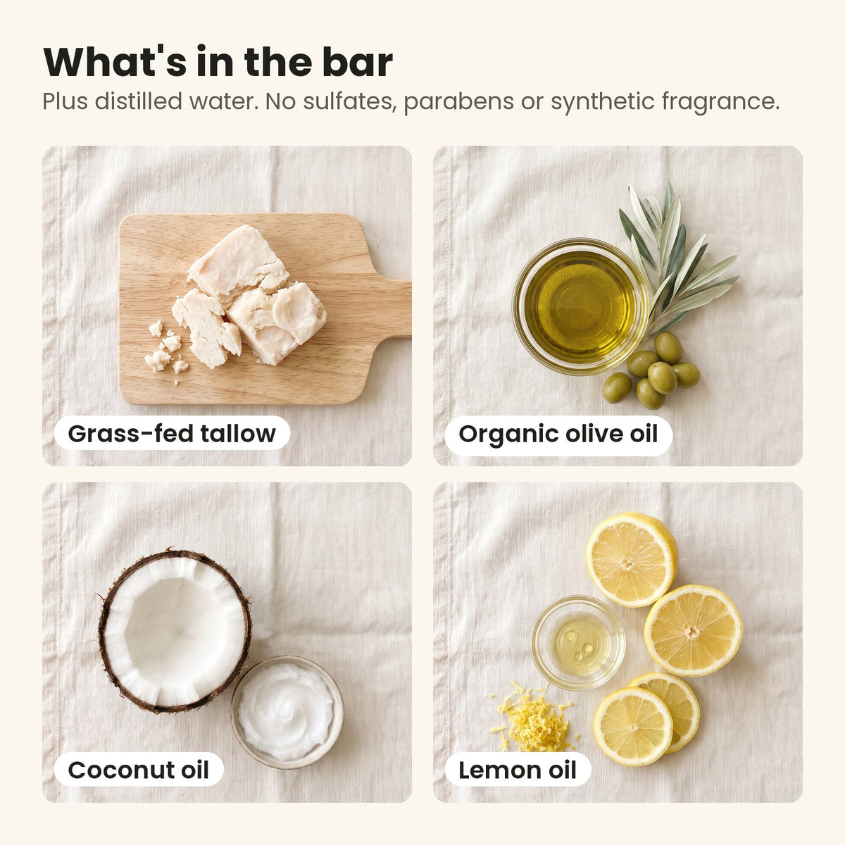 Tallow Soap Bar ingredients: grass-fed tallow, organic olive oil, coconut oil and lemon oil