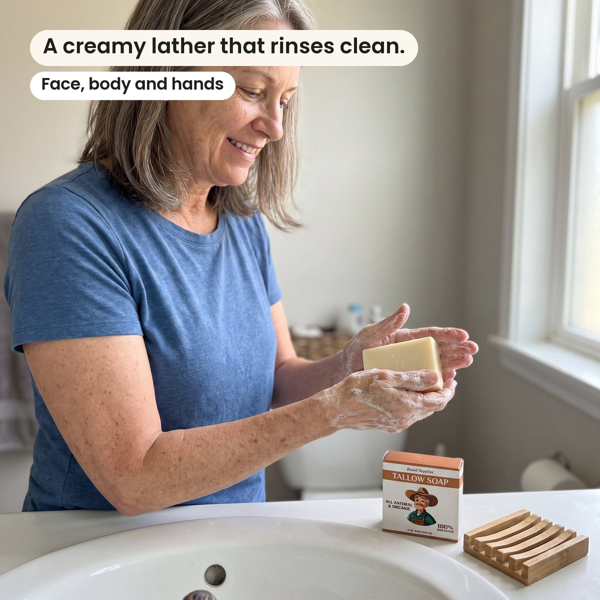 A woman working up a creamy lather with the Tallow Soap Bar