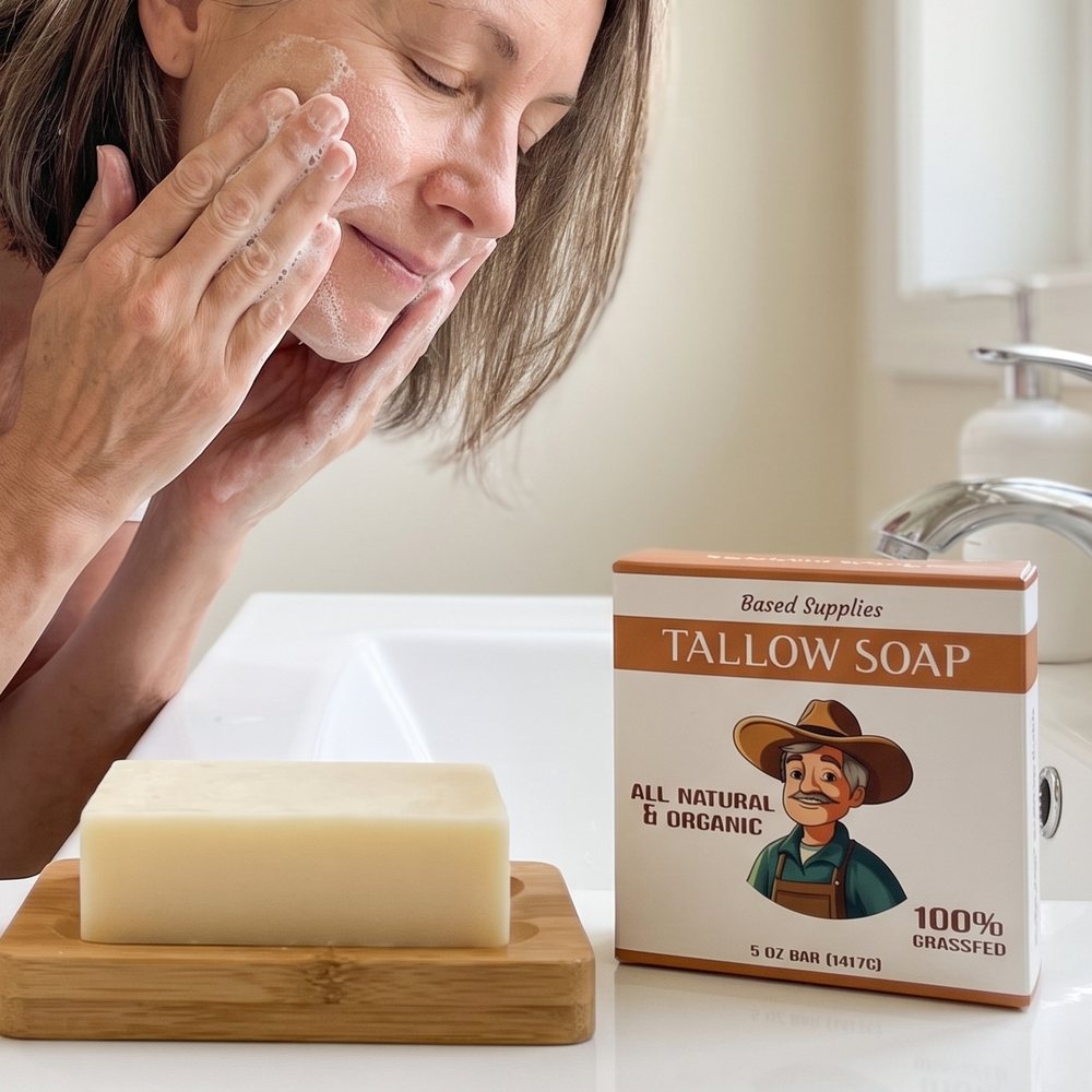 A Tallow Soap Bar on a wooden soap dish next to its box